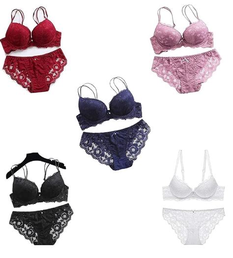 Buy WOVIA Women's Bra Panty Set Lace Push-Up Bra Set Underwired Solid ...
