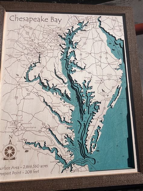 Chesapeake Bay, MD/VA - 3D Wood Map, Custom Nautical Map Art