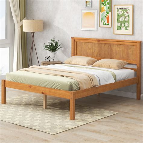 Full Size Platform Bed Frames with Pine Wood Headboard, Rustic Floor ...