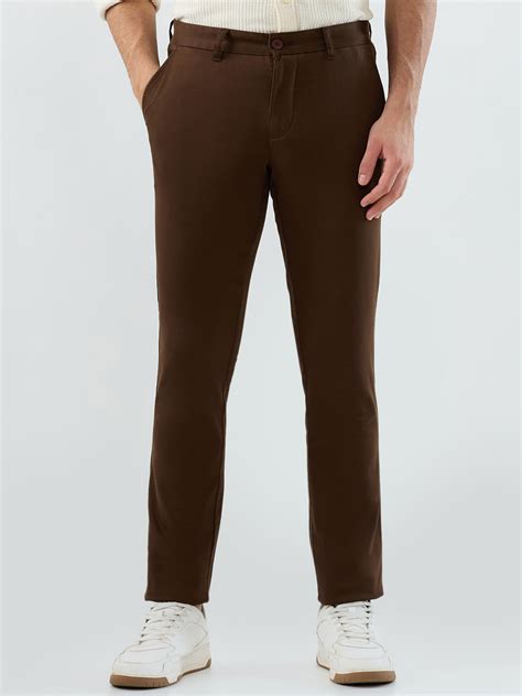 Parx Men Brown Solid Low Rise Tapered Fit Cotton Blend Trouser – MyRaymond