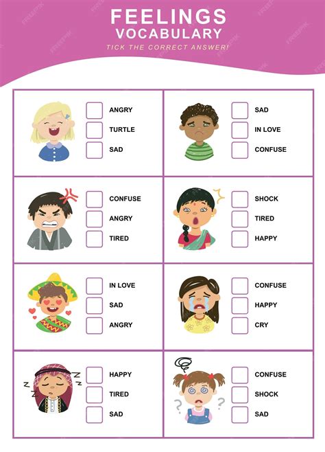 Choose the correct answer. feelings vocabulary. worksheet for preschool. vector file | Premium ...