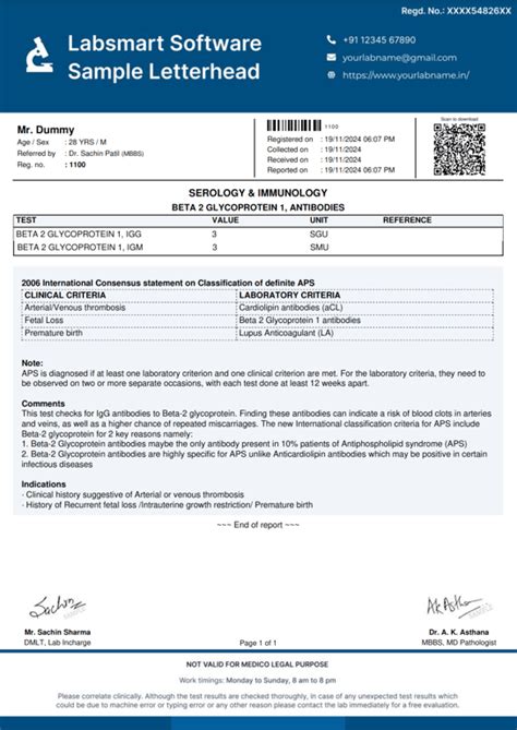Beta 2 Glycoprotein 1, Antibodies Report Format | MS Word & Pdf