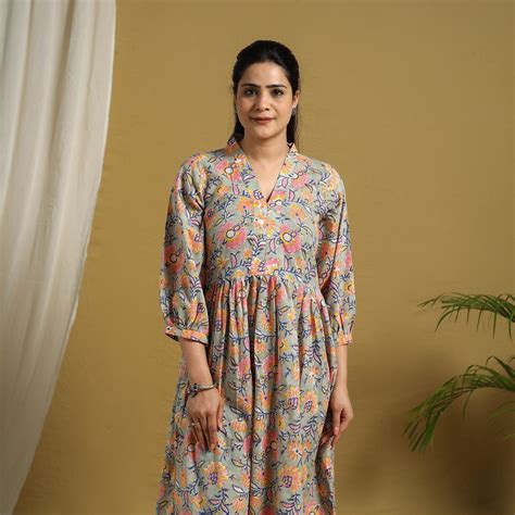Grey Block Print Cotton Tiered Sanganeri Dress