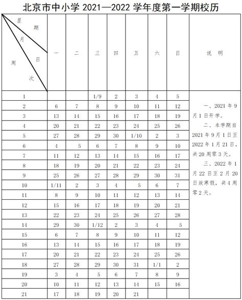 北京2021-2022学年度校历表(第一学期+第二学期)- 北京本地宝