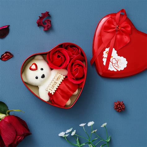 Red Roses and Teddy Bear Valentine's Heart Shaped Gift Box- eCraftIndia ...