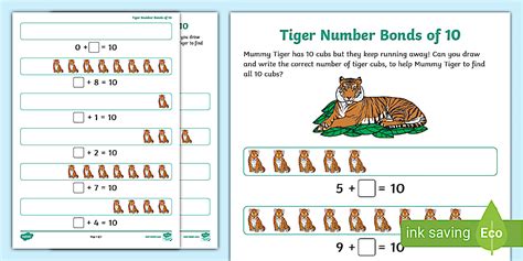 👉 Tiger Number Bonds to 10 Worksheet (teacher made)