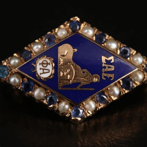 10K Sigma Alpha Epsilon Fraternity Sapphire, Seed Pearl and Enamel Pin ...