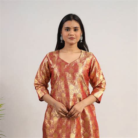 Peach Cutwork Tissue Zari Jaal Banarasi Silk Kurta for Women