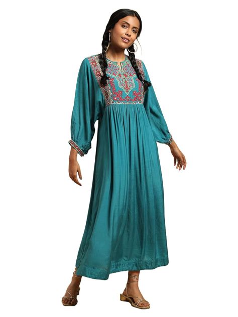 Buy Ritu Kumar Teal Embroidered Balloon Sleeve Long Dress at Amazon.in