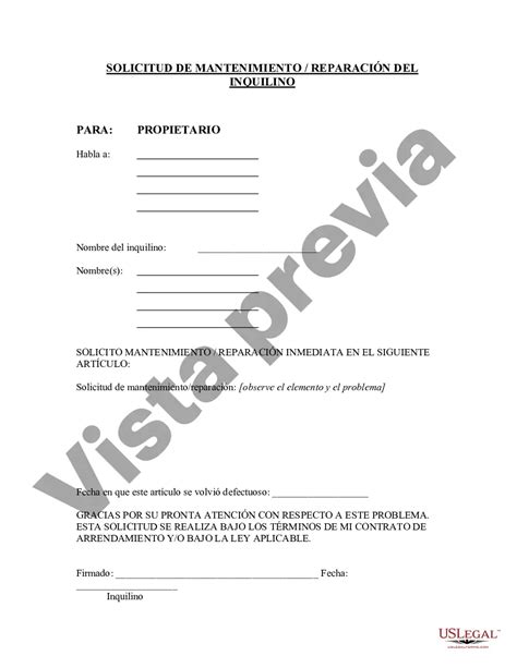 Formulario de Solicitud de Reparación de Mantenimiento del Inquilino ...