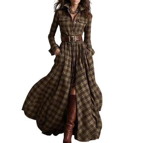 HAJWOH Womens Plaid Dress Vintage Long Dress Long Sleeve V-Neck Soft ...