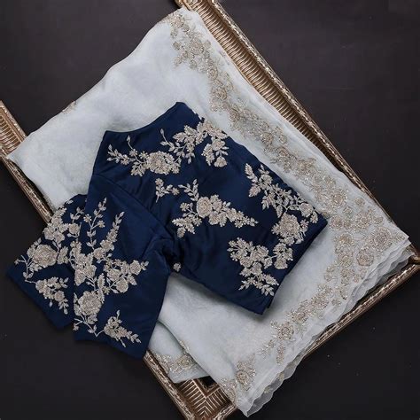 Blue Organza Saree with Heavy Embroidery work and Blouse