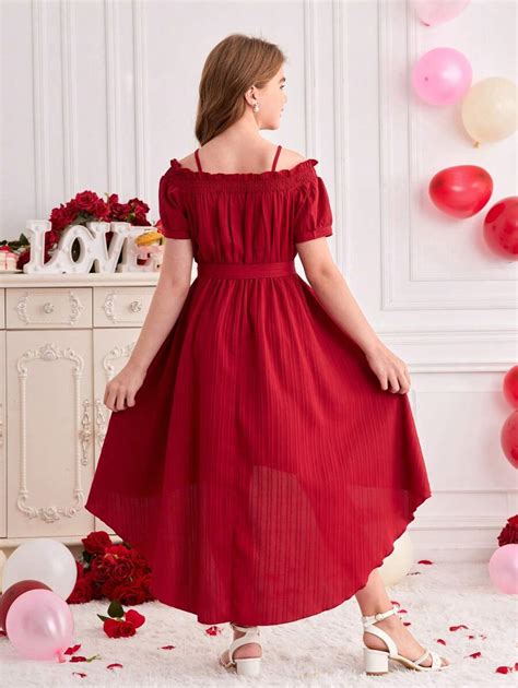 Tween Girl Off-Shoulder Ruffled Chiffon Dress, Elegant, Casual Outdoor ...