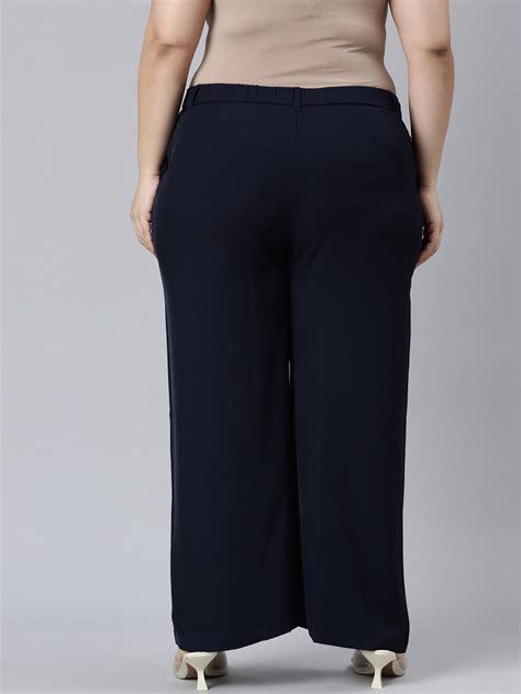 Women Solid Navy Crepe Wide Pants