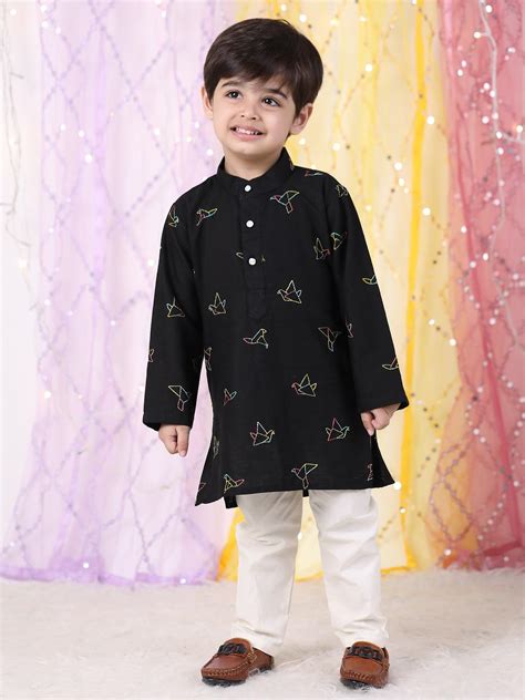 Polka Tots Full Sleeve Origami print Ethnic Kurta Pyjama Set - Black ...