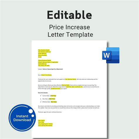 Editable Price Increase Letter, Business Rate Change Notice, Price ...