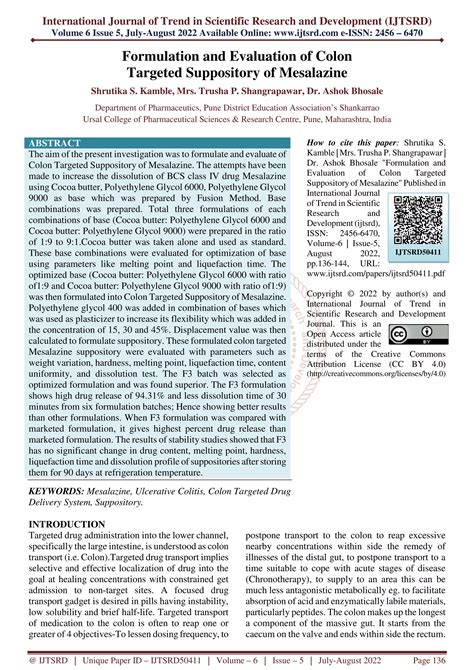 Formulation and Evaluation of Colon Targeted Suppository of Mesalazine | PDF