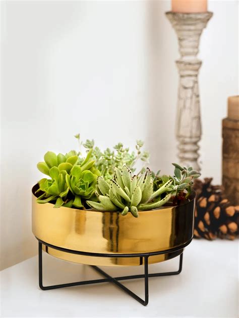 Shop Green Girgit's Elegant Golden Planter Pot with Black Metal Stand