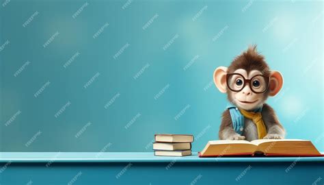 A monkey wearing glasses sits on a desk with a cup and a stack of books ...