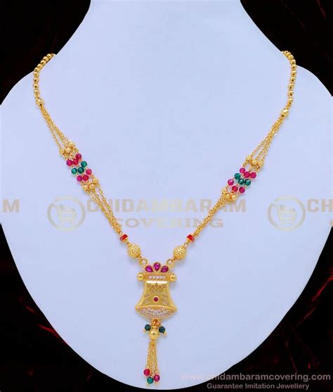 Buy New Model Pink and Green Crystal 3 Line Chain Type Necklace for Women