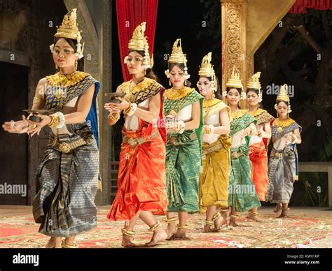 Young Khmer women performing traditional Apsara dance in Siem Reap ...