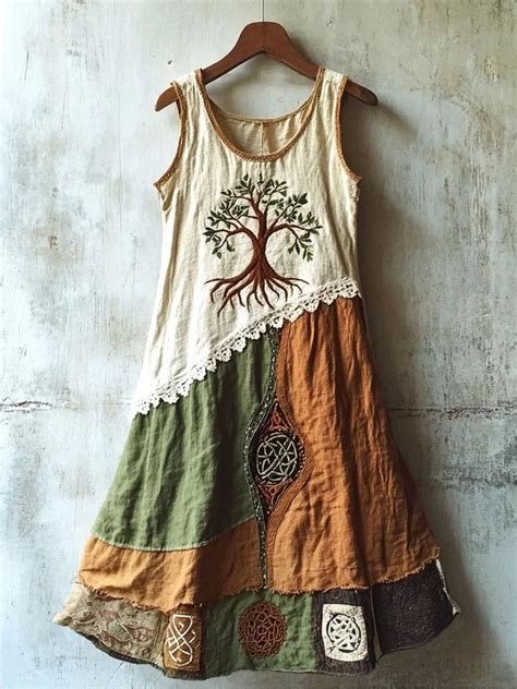 Vintage Viking Tree Of Life Embroidered Patchwork Linen Tank Dress ...