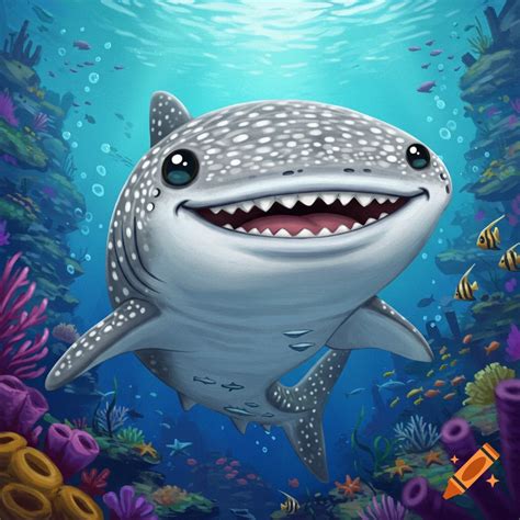 A cute cartoon whale shark smiles underwater surrounded by coral reef ...