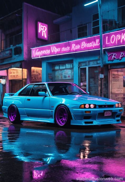 Blue R34 GTR by the Beach in Rain | Stable Diffusion Online
