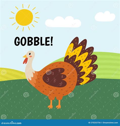 Turkey Saying Gobble Print. Cute Farm Character on a Green Pasture ...