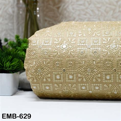 Buy Beige Wedding Dress Material Embroidered Modal Satin Fabric by the ...