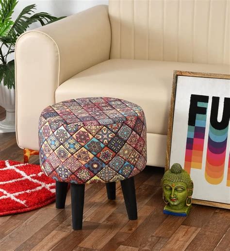 HOMEBUK Printed Ottoman Stool for Living Room Foam Upholstery Pouffes ...