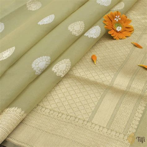 Sage Green Pure Kora Silk Banarasi Handloom Saree - Tilfi