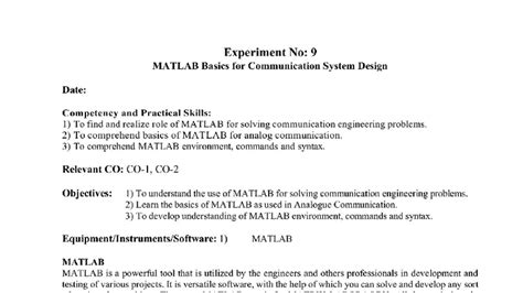 Experiment No: 9 - MATLAB Basics for Communication Systems (ECE) - Studocu