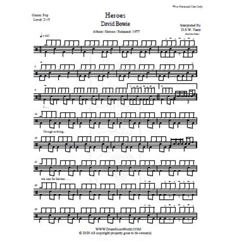 David Bowie - Heroes - Drum Score,Drum Sheet,Drum Note,Drum ...