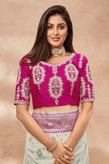 Buy Pink Silk Embroidery, Zari Round Neck Floral Woven Banarasi Saree ...
