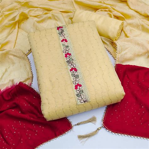 Yellow Sequins Floral Embroidered Chanderi Dress Material