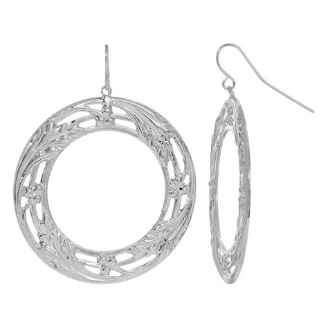 1928 Silver Tone Large Floral Circle Drop Earrings
