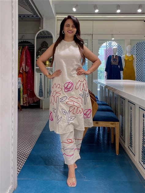 Women Off-White Cotton Embroidery Frock Cum Co-Ord set – Sugamdha