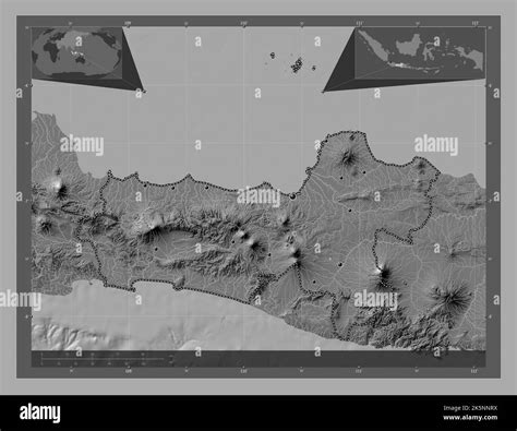 Jawa Tengah, city of Indonesia. Bilevel elevation map with lakes and rivers. Locations of major ...