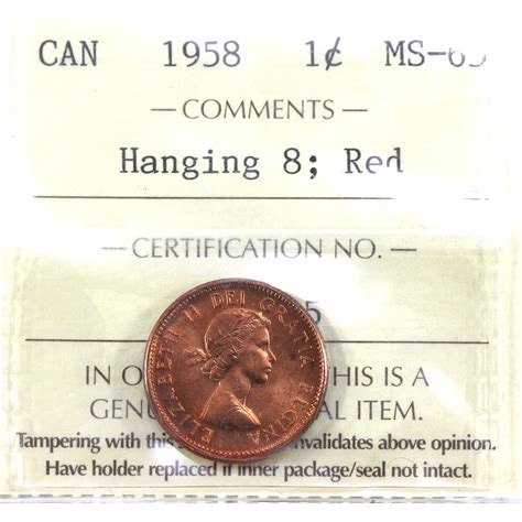 1-cent 1958 Hanging 8 ICCS MS65, Red. Attractive Flame-Red Tone