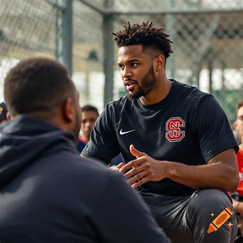 A basketball coach wearing an NC State shirt kneels and talks to a ...