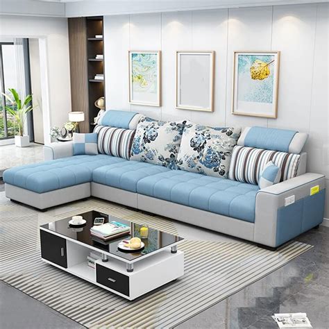 Sleepify Sofizon 5 Seater Fabric LHS L Shape Sofa Set (Sky Blue-Light ...