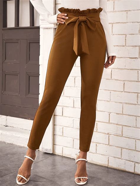 SHEIN Privé Belted Paperbag Waist Skinny Pants | SHEIN USA