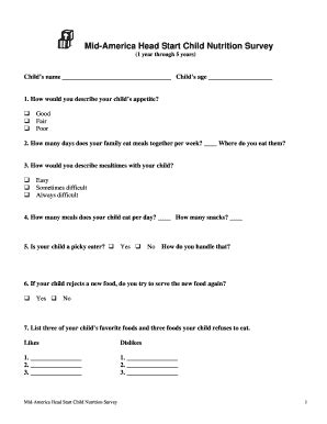 2007-2026 Form Mid-America Head Start Child Nutrition Survey (1 year ...