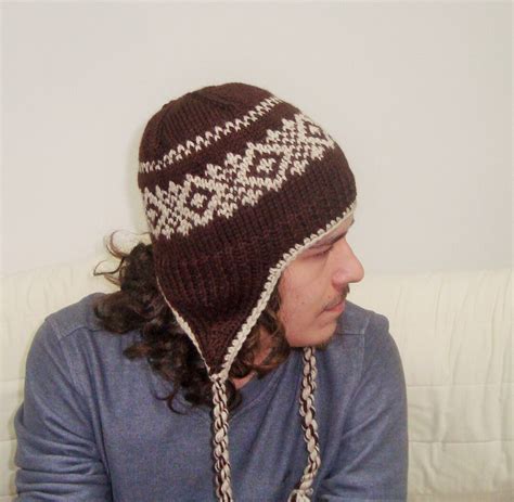 Hand Knitted Wool Men's Hat With Ear Flaps: Brown & Beige Winter Hat ...