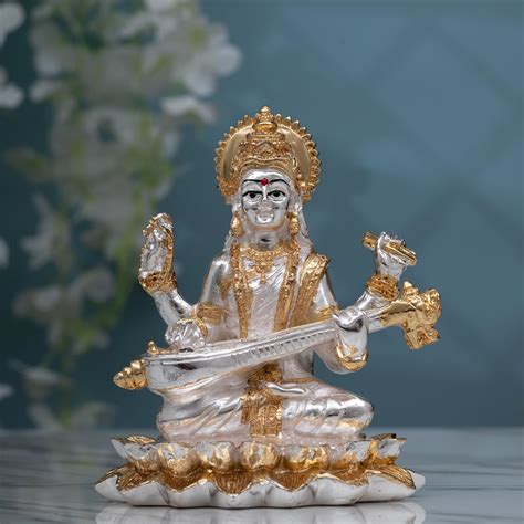 Buy Idolkart Pure Gold and Silver Coated White Saraswati Idol - Maa ...