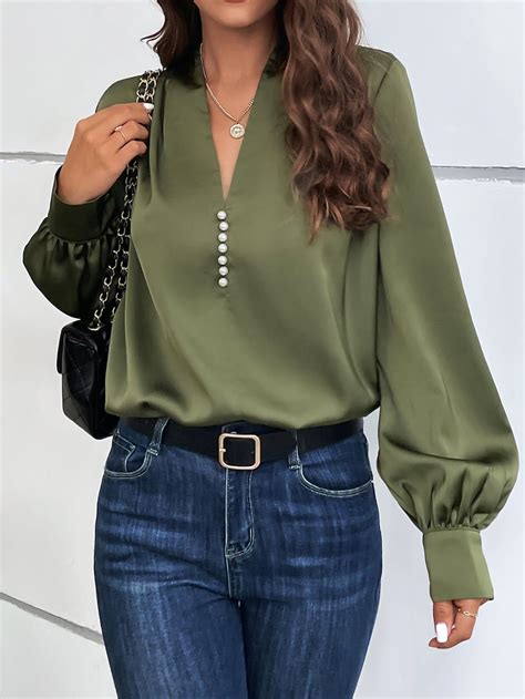 V Neckline Bishop Sleeve Blouse | Green blouse outfit, Satin blouse ...
