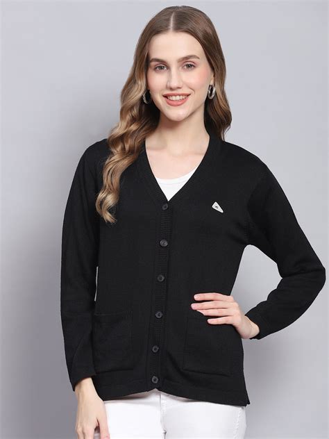 Buy Women Black Solid V Neck Full Sleeve Cardigans Online in India ...