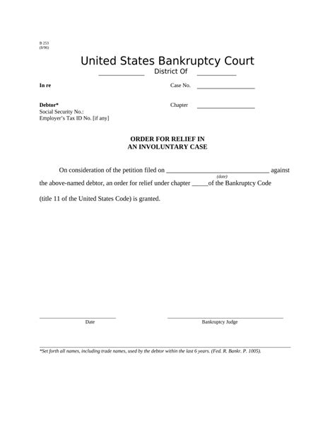 Order for Relief in an Involuntary Case - B 253 Doc Template | pdfFiller