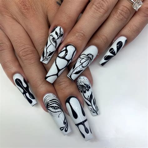 Abstract Face Sketch Press-On Nails – Extra Long Black & White Coffin ...